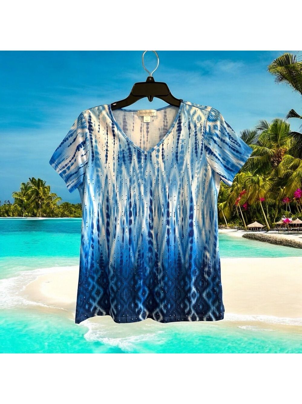 Christopher & Banks Activewear Blouse Womens 12 Blue & White Short Sleeve Lined